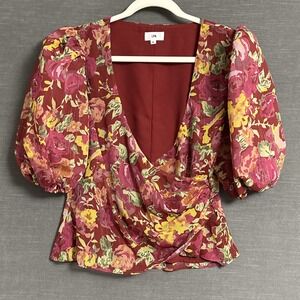 LPA Top M Red Floral Metallic Puff‎ Sleeve Wrap Romantic Ruched Bold Colorful